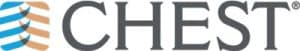 Logo for CHEST with stylized blue and orange horizontal stripes forming a partial square to the left of the word "CHEST" in bold gray uppercase letters.