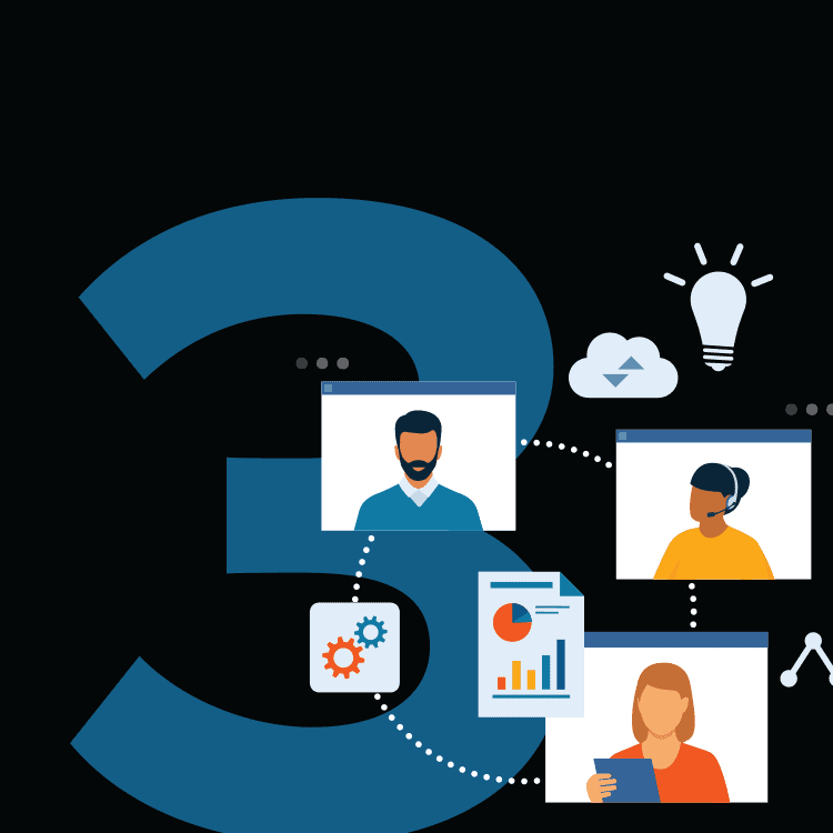 Large blue number 3 in the background with illustrated icons: three people in video call windows, gears, charts, a light bulb, and a cloud, symbolizing teamwork, ideas, and digital collaboration.