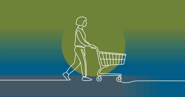 A minimalist line drawing of a woman pushing a shopping cart, set against a green and blue gradient background with a circular shape behind her.