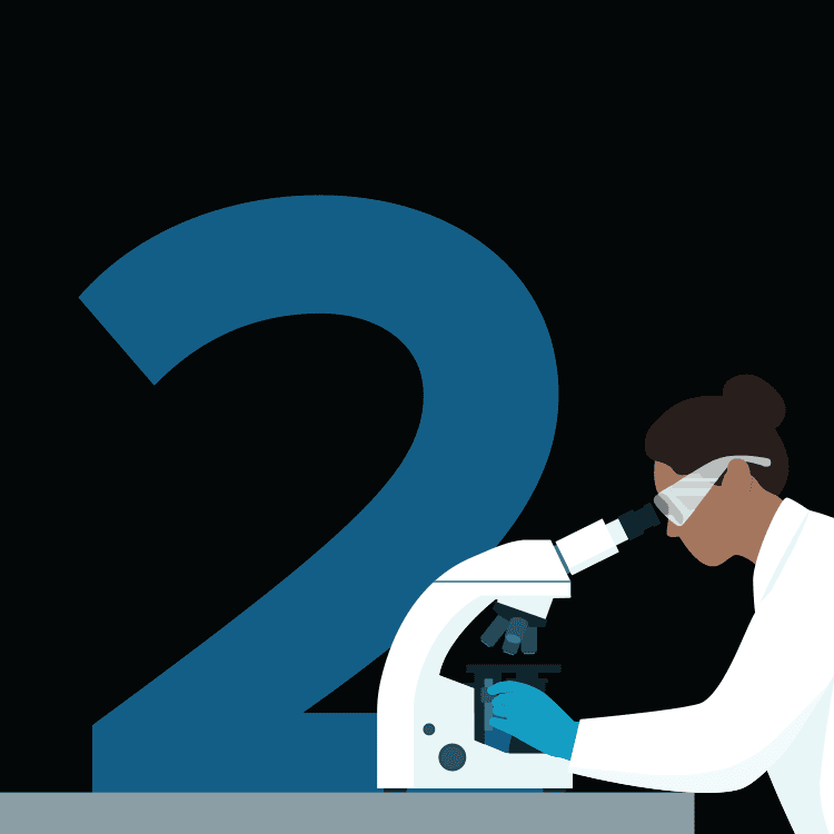 Illustration of a scientist wearing safety goggles and gloves looking into a microscope, with a large blue number 2 in the background on a black backdrop.