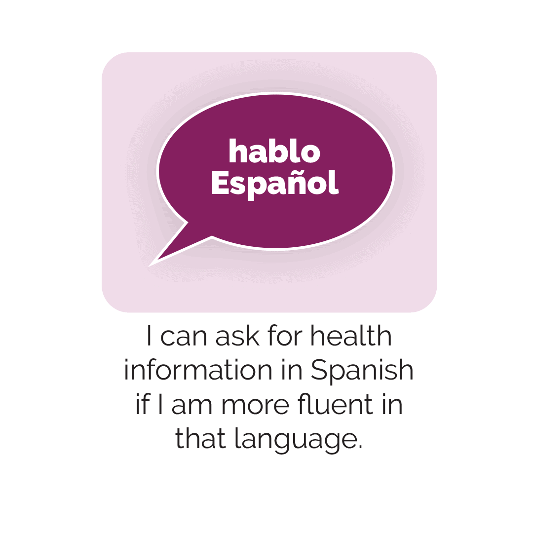 Where You Live, Work and Play Can Impact Your Asthma and Eczema Care 7 A speech bubble with the words "hablo Español" above text that says, "I can ask for health information in Spanish if I am more fluent in that language.