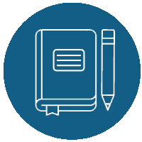 White outline of a closed notebook with a bookmark and a pencil beside it, centered on a solid blue circular background.