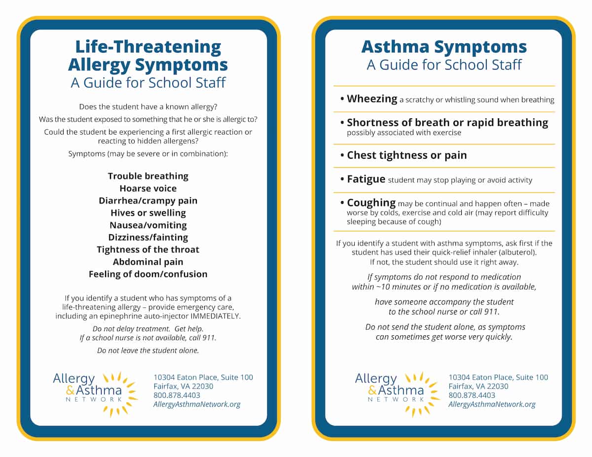 Two guides for school staff about allergies and asthma. The left lists life-threatening allergy symptoms; the right lists asthma symptoms and actions to take. Both include instructions and contact info for Allergy & Asthma Network.