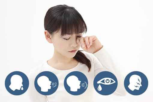 A young girl rubs her eye, appearing uncomfortable. Below her are icons showing a runny nose, sneezing, coughing, a teary eye, and an eye with discomfort, indicating allergy symptoms.