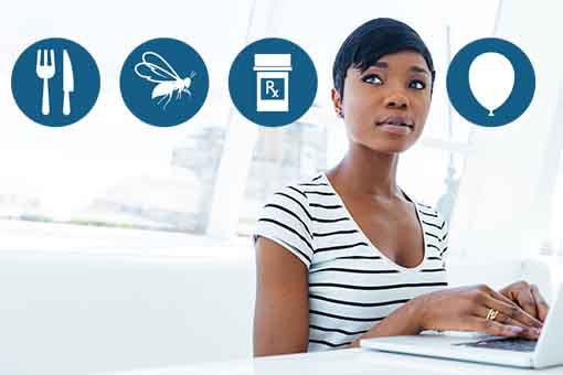 A woman sits at a laptop, looking thoughtful. Above her are icons of a fork and knife, a bee, a medicine bottle with "Rx," and a balloon, representing possible allergy triggers.
