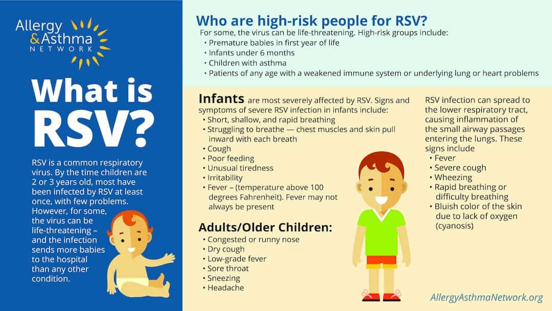 Infographic explaining RSV: its symptoms in infants and children, high-risk groups, and signs of severity. Includes cartoon of a baby in yellow and a child in green shorts, with blue and yellow text boxes. Allergy & Asthma Network logo.