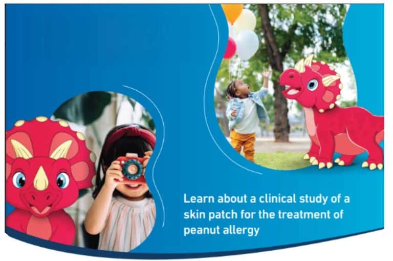 A young child holding a camera and another child playing with balloons outdoors, with a friendly red cartoon dinosaur beside them. Text reads: "Learn about a clinical study of a skin patch for the treatment of peanut allergy.
