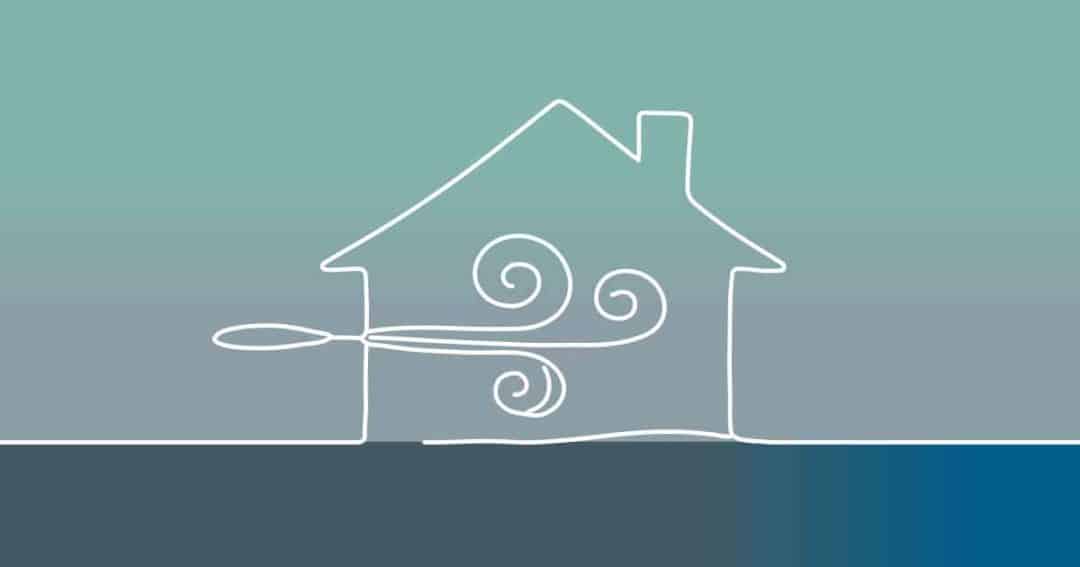 A simple line drawing of a house with swirls inside and a curved line entering, representing air flow or ventilation against a blue and gray background.