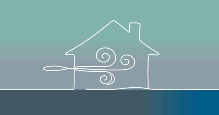 A simple line drawing of a house with swirls inside and a curved line entering, representing air flow or ventilation against a blue and gray background.