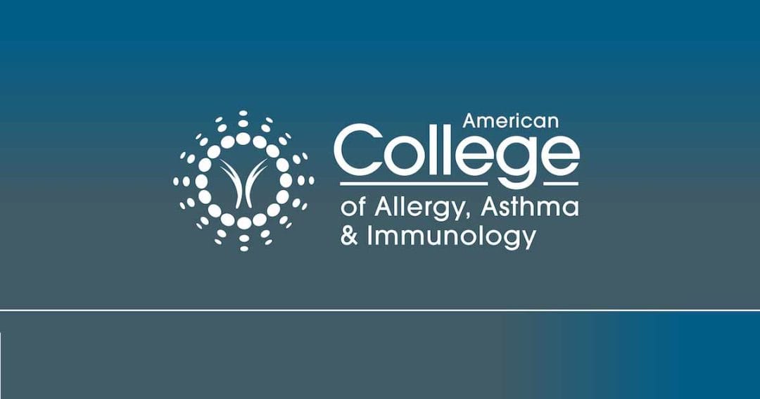 Logo of the American College of Allergy, Asthma & Immunology featuring white text and a circular abstract design on a blue gradient background.