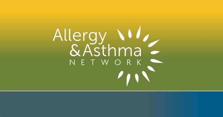 Logo for Allergy & Asthma Network with a white sunburst design on a yellow, green, and blue gradient background.