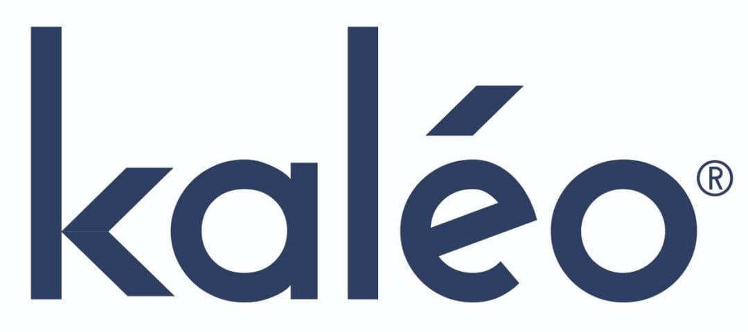The image shows the logo for Kaléo, a pharmaceutical company. The word "kaléo" is written in lowercase dark blue letters, with an accent over the letter "e" and a registered trademark symbol next to it.