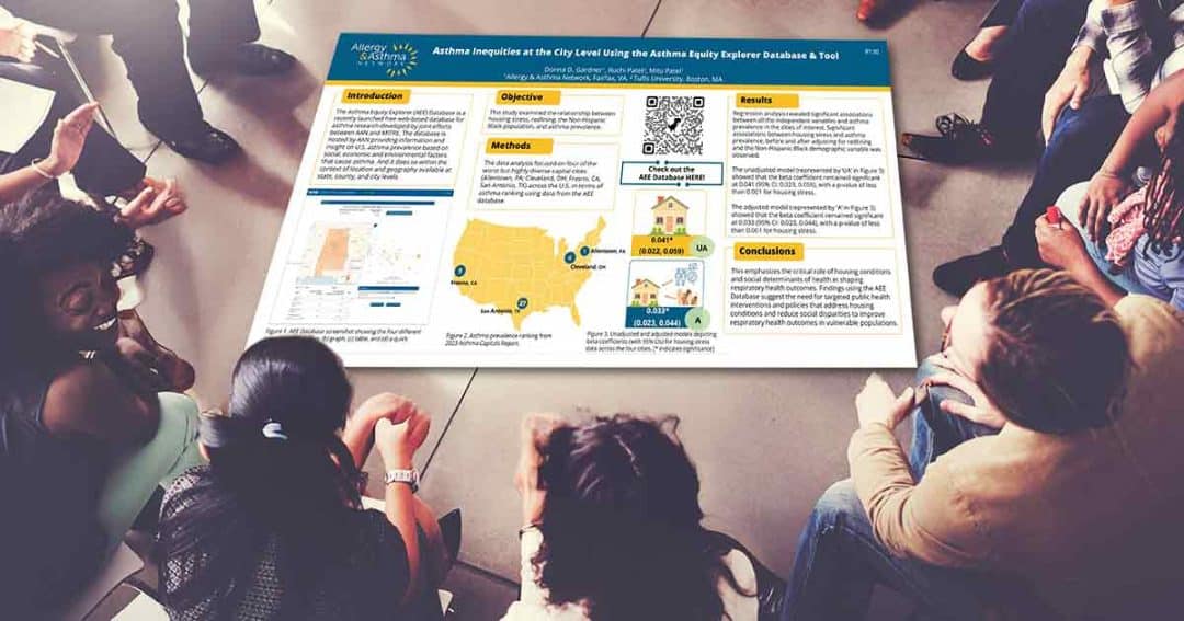 A diverse group of people sit in a circle on wooden floor, viewing a large research poster titled "Asthma Inequities at the City Level" that features maps, charts, icons, and text discussing asthma data and findings.