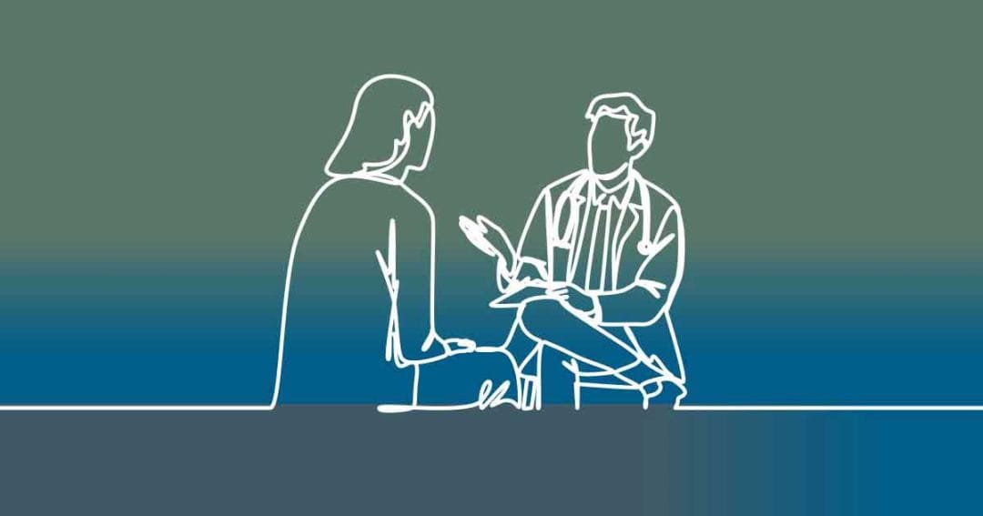 A minimalist line drawing of a doctor sitting and talking to a patient, with both figures facing each other against a green and blue gradient background.