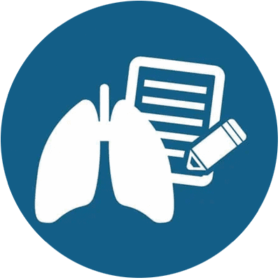White icon of human lungs next to a notepad and pencil on a blue circular background, symbolizing medical or respiratory documentation or assessment.
