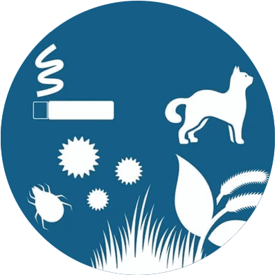 White icons on a blue circle showing common allergens: a lit cigarette, a cat, pollen grains, a dust mite, and blades of grass and leaves.