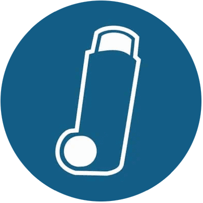 A white outline of an asthma inhaler is centered on a blue circular background.
