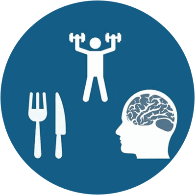 A blue circle with white icons: a fork and knife, a person lifting dumbbells, and a human head with a brain, representing healthy eating, exercise, and mental health.