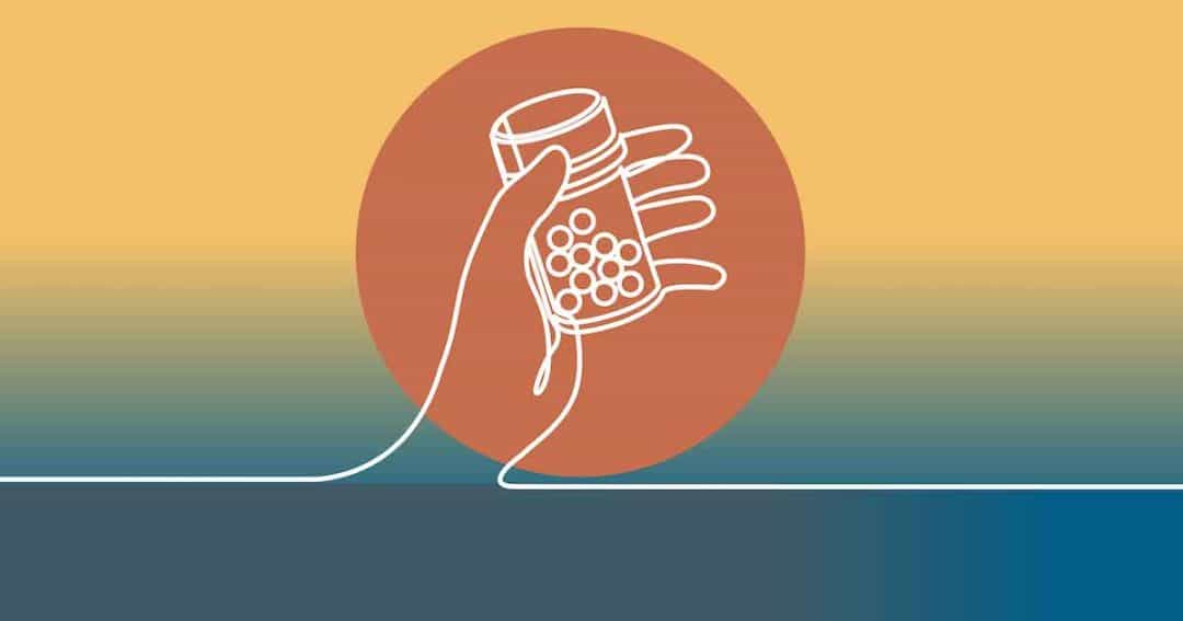 A minimalist line drawing of a hand holding a pill bottle with tablets inside, set against a gradient background with a circular orange shape behind the hand.