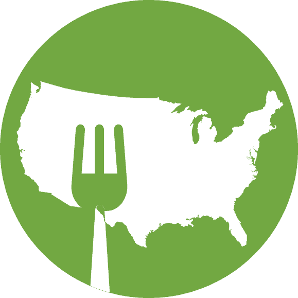 A green circle with a white silhouette of the United States and a fork overlapping the southwest region of the map.