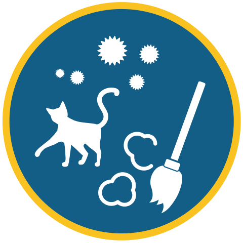 Control Your Asthma 12 A blue circle with a yellow border shows a white cat, dust clouds, a broom, and floating particles, representing cleaning up pet hair and dust.