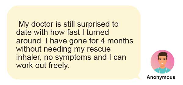 Free Asthma Coach Program 17 A testimonial speech bubble says a doctor is surprised at the fast improvement—four months without needing a rescue inhaler, no symptoms, and able to work out freely. An illustrated male avatar labeled "Anonymous" is shown.