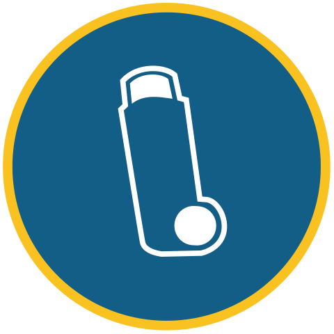 Control Your Asthma 18 A white outline of an inhaler icon is centered on a blue circle with a yellow border.