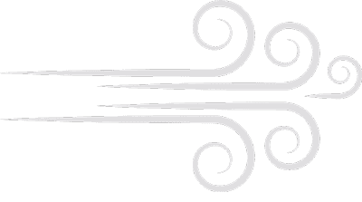 Gray swirling lines and curves represent a stylized wind or breeze on a white background.