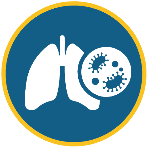 Control Your Asthma 13 Icon of white lungs with a magnified view of germs or viruses on a blue circular background, bordered with yellow. Represents lung infection or respiratory illness.