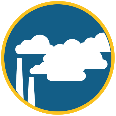 Control Your Asthma 14 A circular icon with a blue background, yellow border, and two white factory smokestacks emitting large white clouds, suggesting air pollution or industrial emissions.