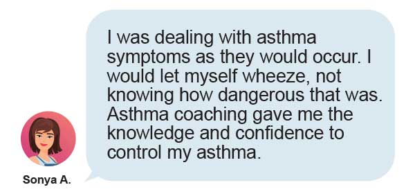 A speech bubble with text about asthma from Sonya A. describes how asthma coaching gave her the knowledge and confidence to manage her symptoms, alongside an illustrated portrait of a woman with brown hair.