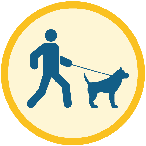 A blue icon of a person walking a dog on a leash, both inside a yellow-bordered circle on a light background.