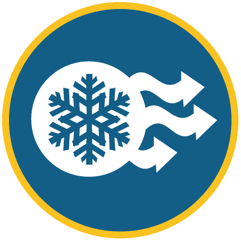 Control Your Asthma 16 A blue circle with a yellow border contains a white snowflake and three white arrows pointing right, symbolizing cold air or air conditioning.