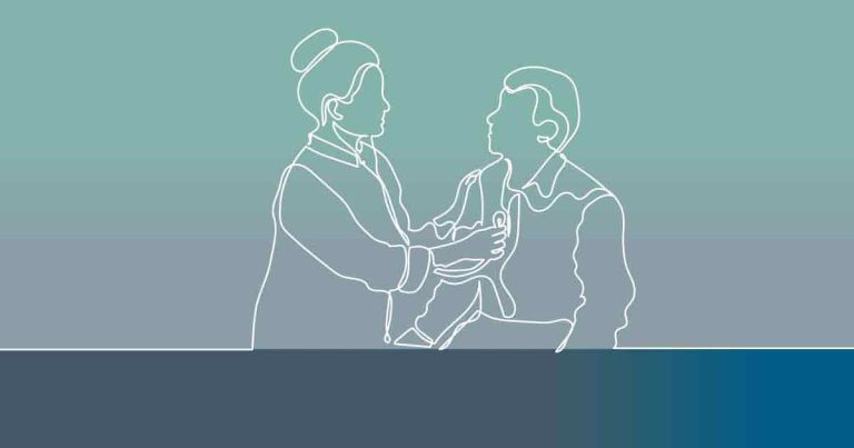 A line drawing shows a healthcare professional using a stethoscope to listen to the chest of a seated patient against a blue and teal gradient background.