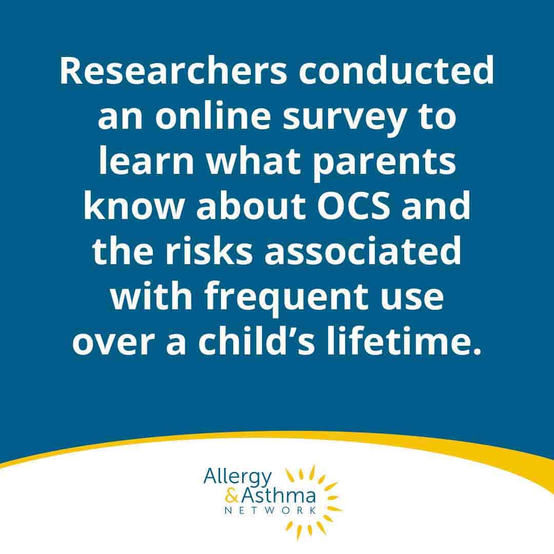 Text graphic with a blue background that says: "Researchers conducted an online survey to learn what parents know about OCS and the risks associated with frequent use over a child’s lifetime." Allergy & Asthma Network logo at bottom.