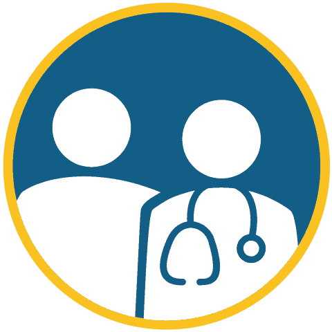 Control Your Asthma 19 Icon showing two simplified figures, one wearing a stethoscope, representing a medical professional with a patient. The image is set within a blue circle bordered by yellow.