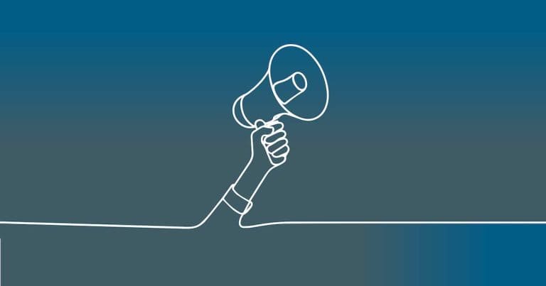 A minimalist line drawing of a hand holding a megaphone, emerging from the bottom of the image against a blue gradient background.
