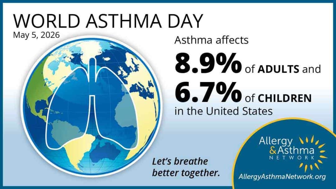 Infographic for World Asthma Day, May 5, 2026, showing a graphic of lungs over a globe and statistics: 8.9% of adults and 6.7% of children in the US have asthma. Includes Allergy & Asthma Network logo and website.