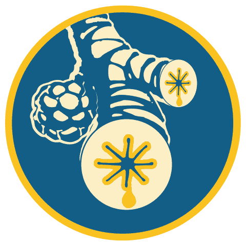 Stylized illustration of a human bronchial tube and alveoli, with a yellow droplet and starburst shape, representing mucus or airway obstruction, on a blue circular background with a yellow border.