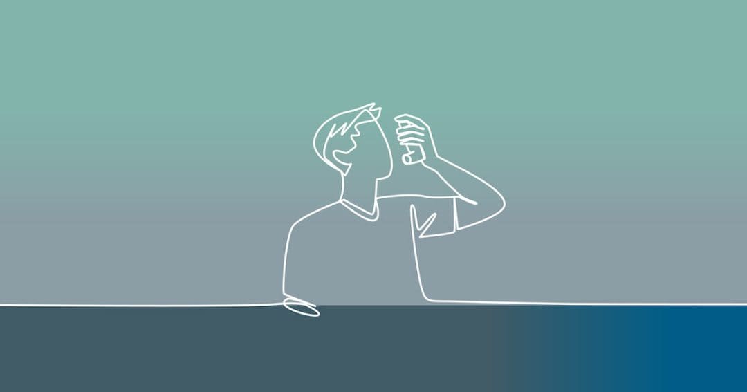 A minimalist line drawing of a person tilting their head back and using eye drops, set against a gradient blue and green background.