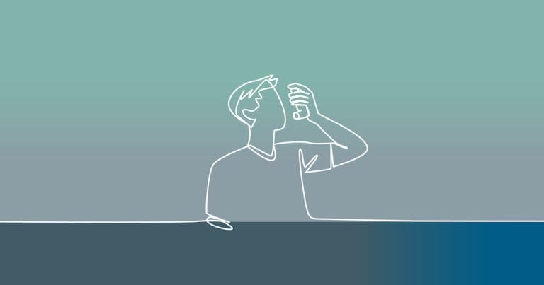 A minimalist line drawing of a person tilting their head back and using eye drops, set against a gradient blue and green background.