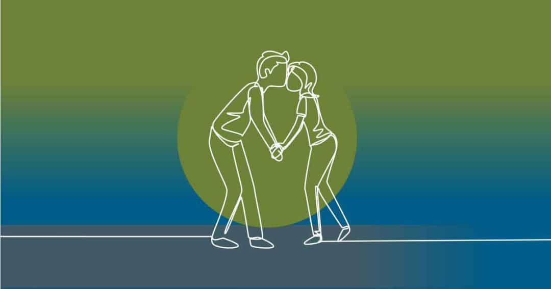 A simple line drawing of a couple holding hands and leaning in for a kiss, set against a green and blue gradient background with a circular highlight behind them.