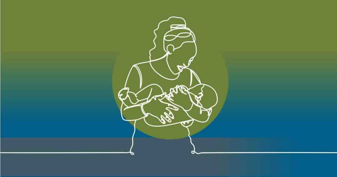 Minimalist line drawing of a mother breastfeeding her baby, set against a green and blue gradient background with a circular shape behind them.