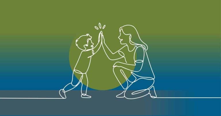 A simple line drawing of a woman kneeling and giving a high-five to a smiling child standing in front of her, set against a green and blue gradient background.