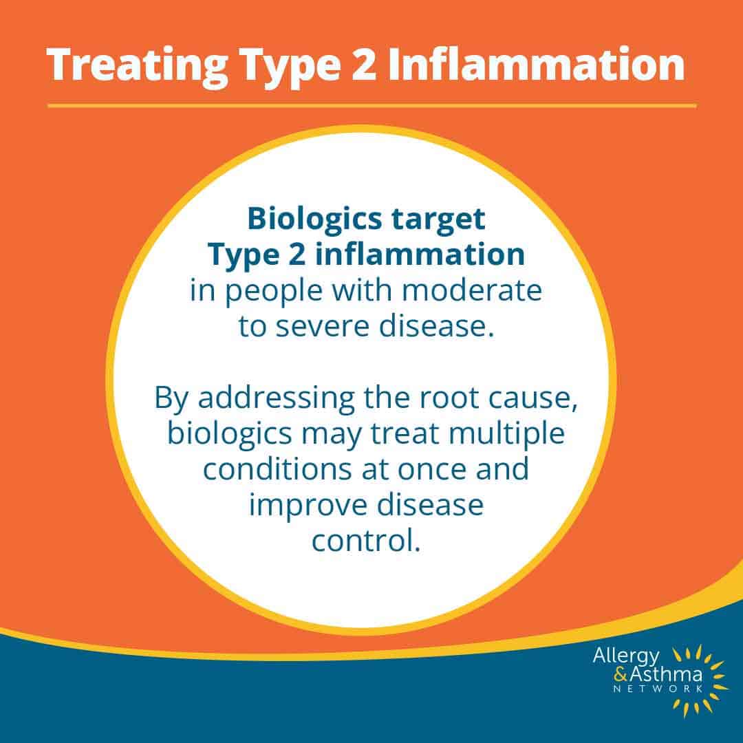 Infographic titled "Treating Type 2 Inflammation." It explains that biologics target type 2 inflammation in moderate to severe disease, improving control by addressing the root cause. Allergy & Asthma Network logo at the bottom.