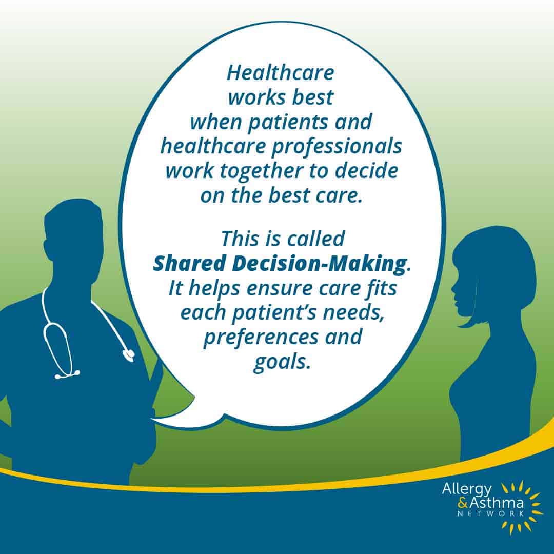 A doctor and patient silhouette face each other. A speech bubble explains that healthcare works best with shared decision-making involving patients and professionals to ensure care fits individual needs and goals. Allergy & Asthma Network logo is visible.