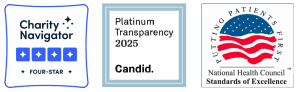 Three badges: a blue Charity Navigator Four-Star rating, a black-and-white Candid Platinum Transparency 2025 seal, and a National Health Council badge with an American flag and the words “Putting Patients First.”.