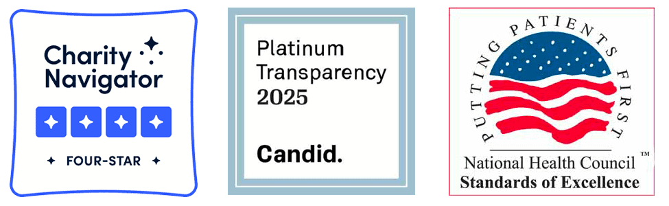 Three badges: a blue Charity Navigator Four-Star rating, a black-and-white Candid Platinum Transparency 2025 seal, and a National Health Council badge with an American flag and the words “Putting Patients First.”.