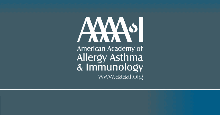 Logo of the American Academy of Allergy, Asthma & Immunology (AAAAI) with the website www.aaaai.org displayed below the organization’s name on a blue-gray background.