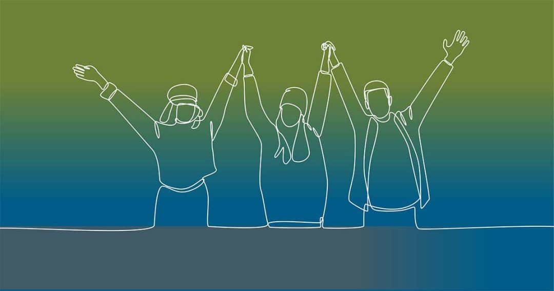 Minimalist line drawing of three people standing side by side with raised arms, celebrating or showing unity, against a green-to-blue gradient background.